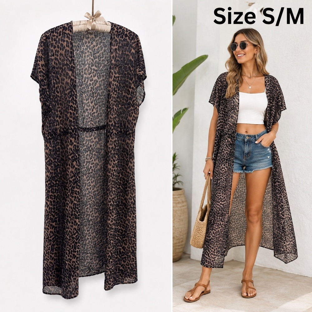 Women's S/M Leopard Print Sheer Long Kimono Duster Open Front Boho Beach Cover